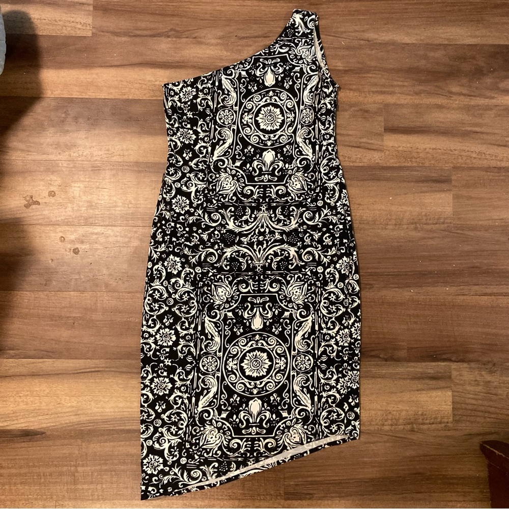 Moschino Jeans One Shoulder Black and White Brocade Midi Asymmetrical Dress